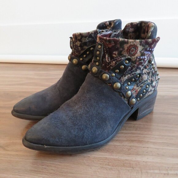 A.S. 98 Blue Floral Velvet Studded Bohemian Leather Ankle Booties Boots - Picture 2 of 15